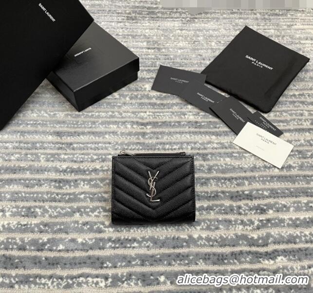 Reasonable Price Saint Laurent Fold Wallet in Grained Leather 517045 Black/Silver 2022