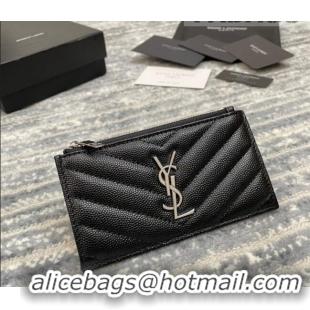 Pretty Style Saint Laurent Monogram Fragments Grained Leather Card Holders Wallet Y1520 Black/Silver 2022