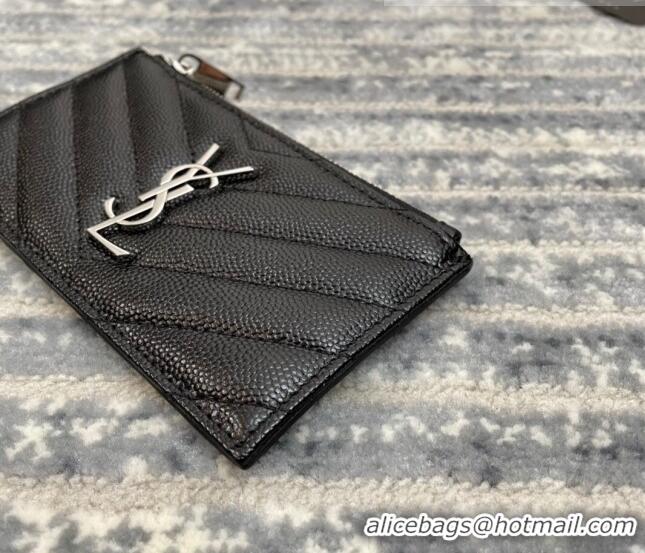 Pretty Style Saint Laurent Monogram Fragments Grained Leather Card Holders Wallet Y1520 Black/Silver 2022