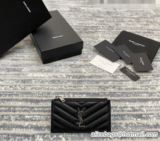 Pretty Style Saint Laurent Monogram Fragments Grained Leather Card Holders Wallet Y1520 Black/Silver 2022