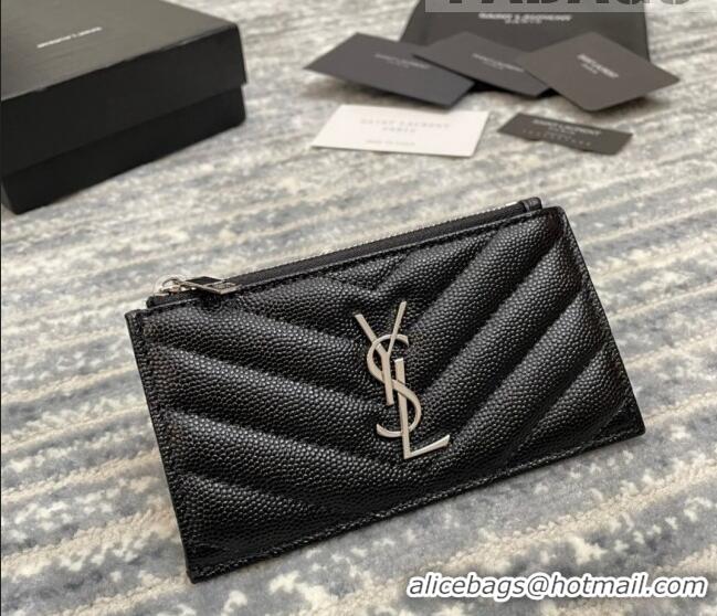 Pretty Style Saint Laurent Monogram Fragments Grained Leather Card Holders Wallet Y1520 Black/Silver 2022