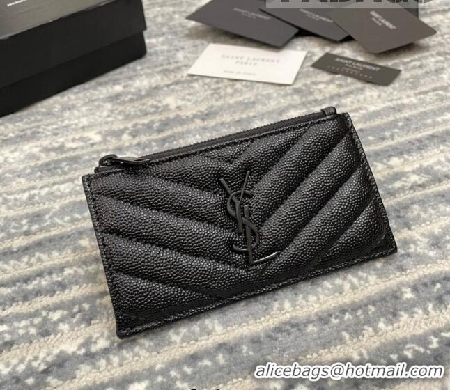 Cheapest Saint Laurent Monogram Fragments Grained Leather Card Holders Wallet Y1520 All Black 2022