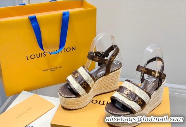 Low Price Louis Vuitton Starboard Wedge Sandals 10cm with LV Circle Brown Canvas 062041