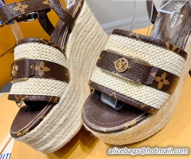 Low Price Louis Vuitton Starboard Wedge Sandals 10cm with LV Circle Brown Canvas 062041