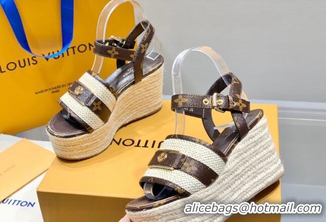 Low Price Louis Vuitton Starboard Wedge Sandals 10cm with LV Circle Brown Canvas 062041