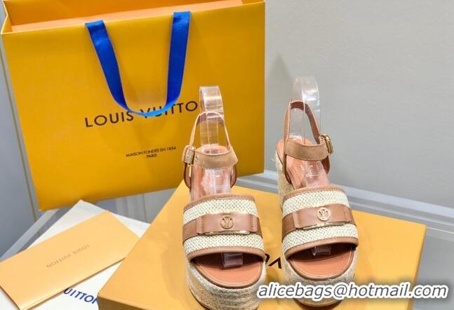 Best Luxury Louis Vuitton Starboard Wedge Sandals 10cm with LV Circle Brown Leather 062043