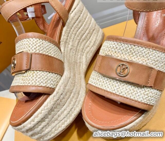 Best Luxury Louis Vuitton Starboard Wedge Sandals 10cm with LV Circle Brown Leather 062043