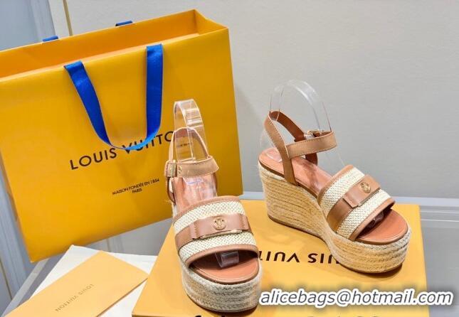 Best Luxury Louis Vuitton Starboard Wedge Sandals 10cm with LV Circle Brown Leather 062043