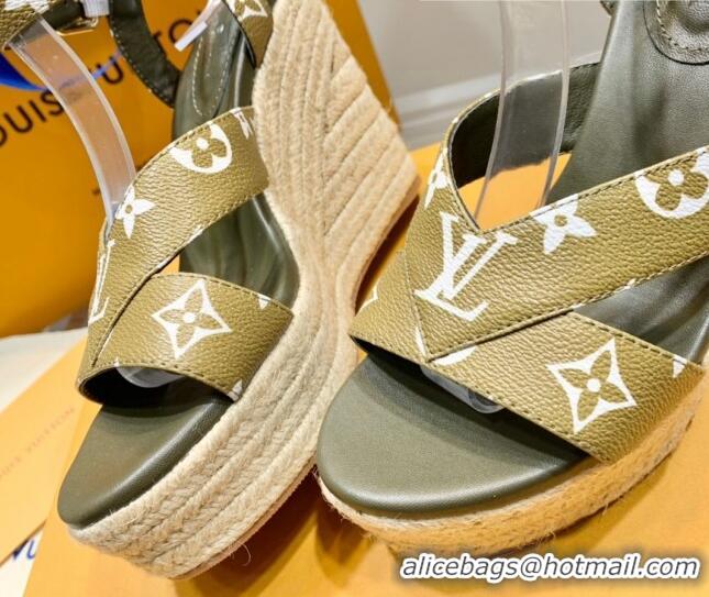 Good Looking Louis Vuitton Starboard Wedge Sandals 10cm with V Strap Green Leather 062046