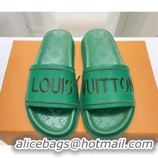 Popular Style Louis Vuitton Signature Leather Flat Slide Sandals Green 062050