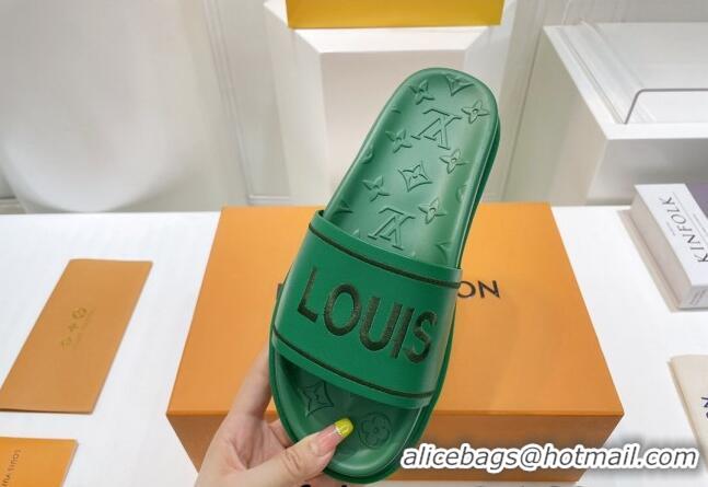 Popular Style Louis Vuitton Signature Leather Flat Slide Sandals Green 062050