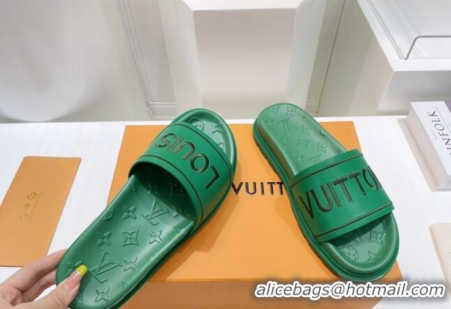 Popular Style Louis Vuitton Signature Leather Flat Slide Sandals Green 062050