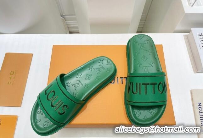 Popular Style Louis Vuitton Signature Leather Flat Slide Sandals Green 062050