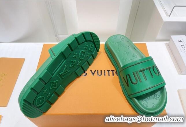 Popular Style Louis Vuitton Signature Leather Flat Slide Sandals Green 062050