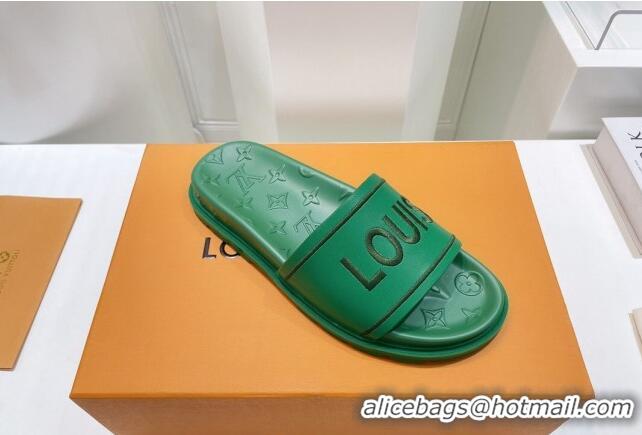 Popular Style Louis Vuitton Signature Leather Flat Slide Sandals Green 062050