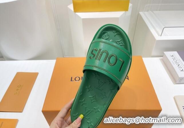 Popular Style Louis Vuitton Signature Leather Flat Slide Sandals Green 062050