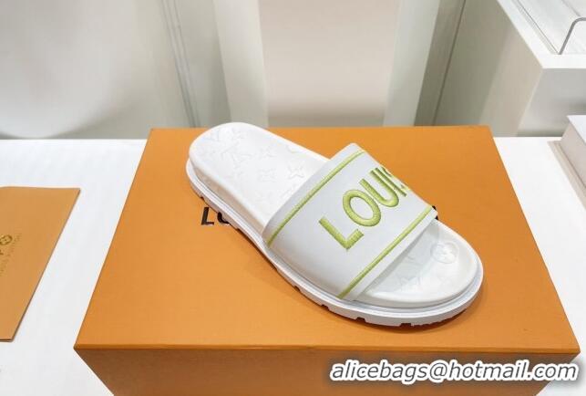 Classic Practical Louis Vuitton Signature Leather Flat Slide Sandals White 062051