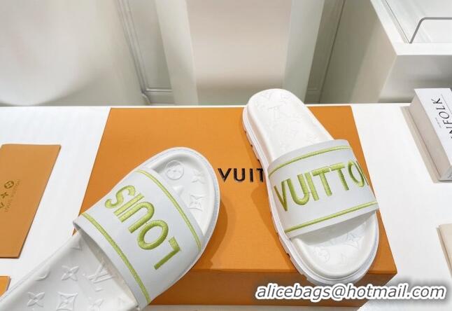 Classic Practical Louis Vuitton Signature Leather Flat Slide Sandals White 062051