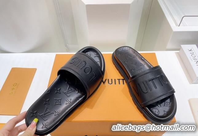 Best Price Louis Vuitton Signature Leather Flat Slide Sandals Black 062052