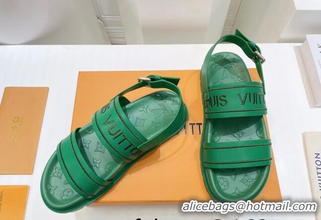 Purchase Louis Vuitton Signature Embroidered Leather Flat Sandals Green 062053