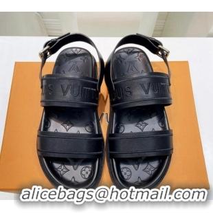 Lower Price Louis Vuitton Signature Embroidered Leather Flat Sandals Black 062054