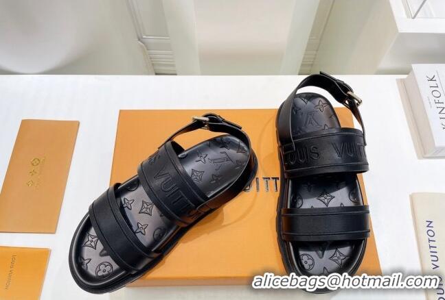 Lower Price Louis Vuitton Signature Embroidered Leather Flat Sandals Black 062054