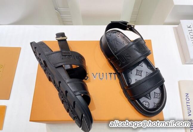 Lower Price Louis Vuitton Signature Embroidered Leather Flat Sandals Black 062054