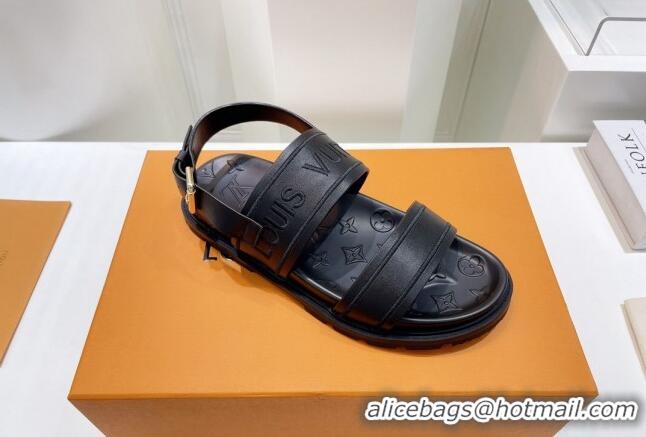 Lower Price Louis Vuitton Signature Embroidered Leather Flat Sandals Black 062054