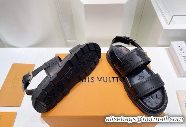 Lower Price Louis Vuitton Signature Embroidered Leather Flat Sandals Black 062054