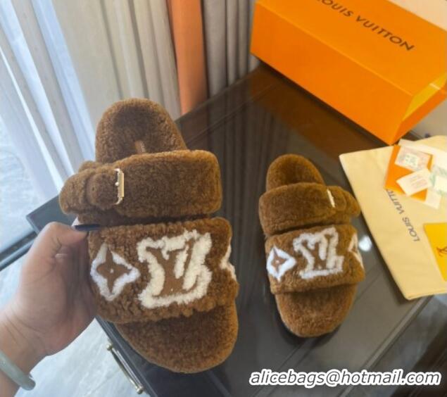 Duplicate Louis Vuitton Paseo Shearling Flat Slide Sandals Cognac Brown 071960