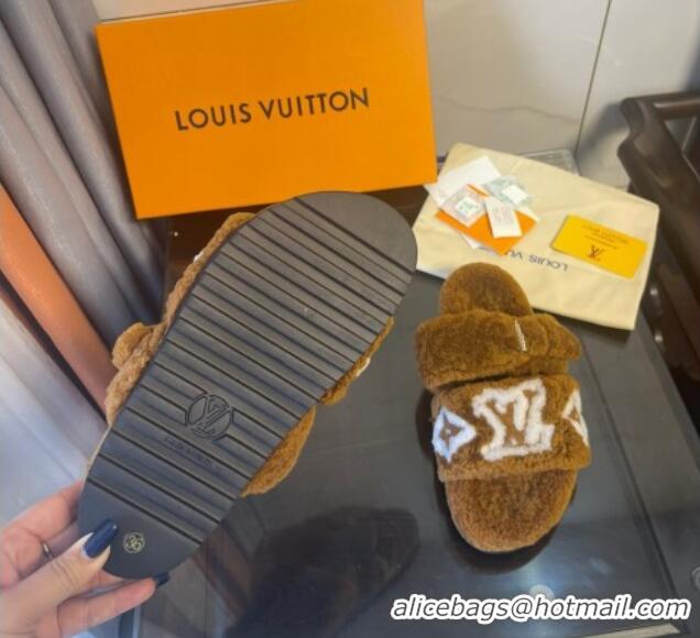 Duplicate Louis Vuitton Paseo Shearling Flat Slide Sandals Cognac Brown 071960