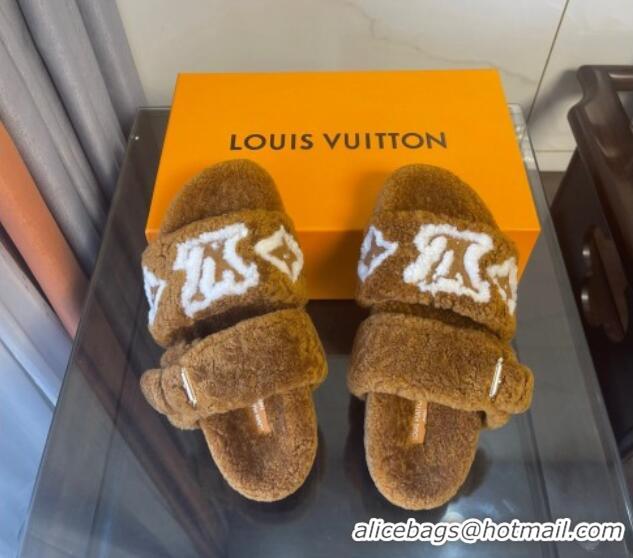 Duplicate Louis Vuitton Paseo Shearling Flat Slide Sandals Cognac Brown 071960