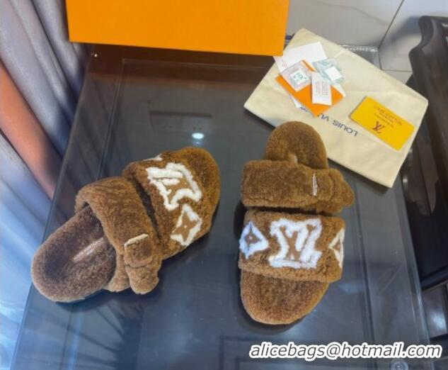 Duplicate Louis Vuitton Paseo Shearling Flat Slide Sandals Cognac Brown 071960