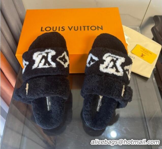 Charming Louis Vuitton Paseo Shearling Flat Slide Sandals Black 071961