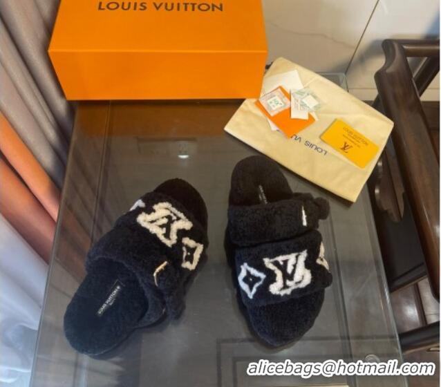 Charming Louis Vuitton Paseo Shearling Flat Slide Sandals Black 071961