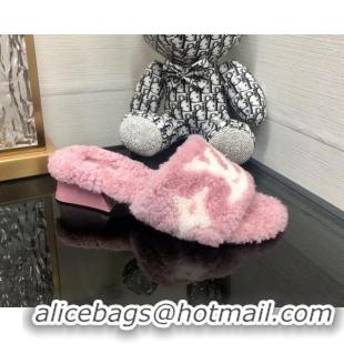 AAAAA Louis Vuitton Magnetic Shearling Heel Slide Sandals 3.5cm Rose Pink 071966