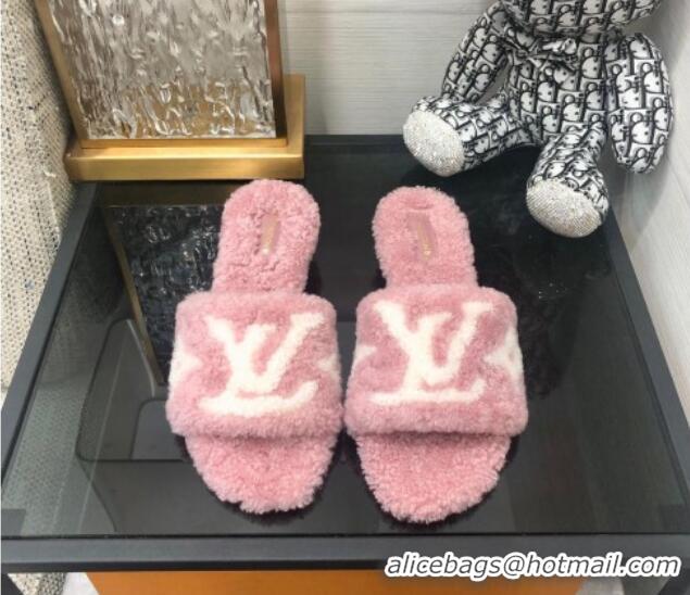 AAAAA Louis Vuitton Magnetic Shearling Heel Slide Sandals 3.5cm Rose Pink 071966