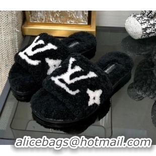 Reasonable Price Louis Vuitton Magnetic Shearling Flat Slide Sandals Black 071972