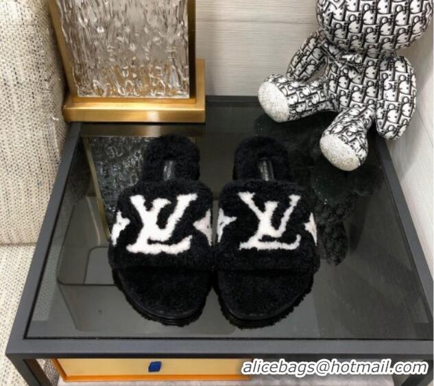 Reasonable Price Louis Vuitton Magnetic Shearling Flat Slide Sandals Black 071972