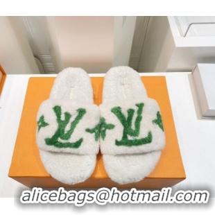 Duplicate Louis Vuitton Shearling Flat Slide Sandals White/Green 071979