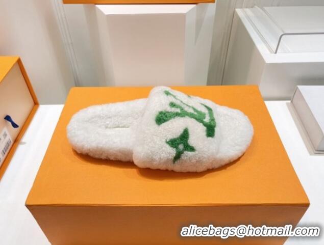 Duplicate Louis Vuitton Shearling Flat Slide Sandals White/Green 071979