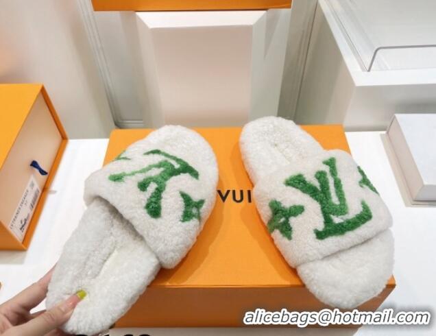 Duplicate Louis Vuitton Shearling Flat Slide Sandals White/Green 071979