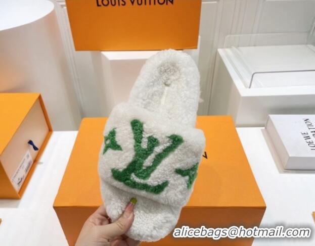 Duplicate Louis Vuitton Shearling Flat Slide Sandals White/Green 071979