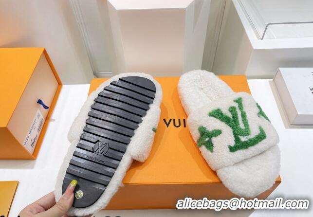 Duplicate Louis Vuitton Shearling Flat Slide Sandals White/Green 071979