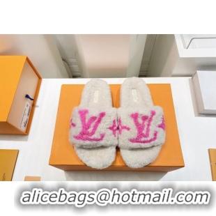 Unique Style Louis Vuitton Shearling Flat Slide Sandals White/Fuchsia Pink 071983