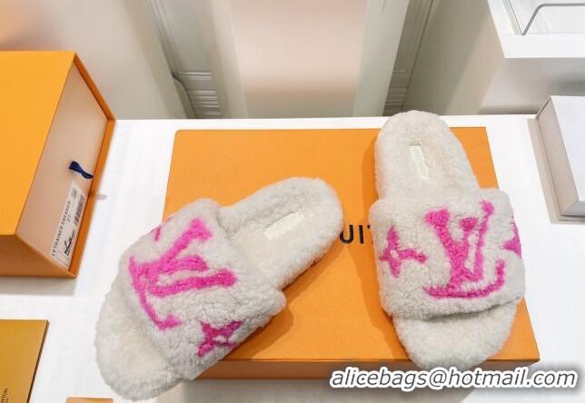 Unique Style Louis Vuitton Shearling Flat Slide Sandals White/Fuchsia Pink 071983