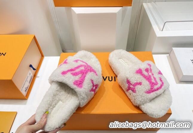 Unique Style Louis Vuitton Shearling Flat Slide Sandals White/Fuchsia Pink 071983