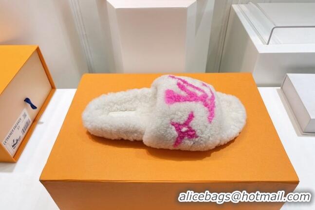 Unique Style Louis Vuitton Shearling Flat Slide Sandals White/Fuchsia Pink 071983