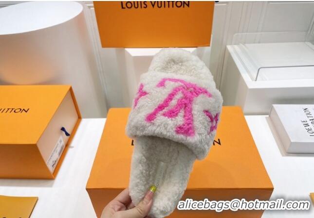 Unique Style Louis Vuitton Shearling Flat Slide Sandals White/Fuchsia Pink 071983