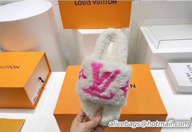 Unique Style Louis Vuitton Shearling Flat Slide Sandals White/Fuchsia Pink 071983